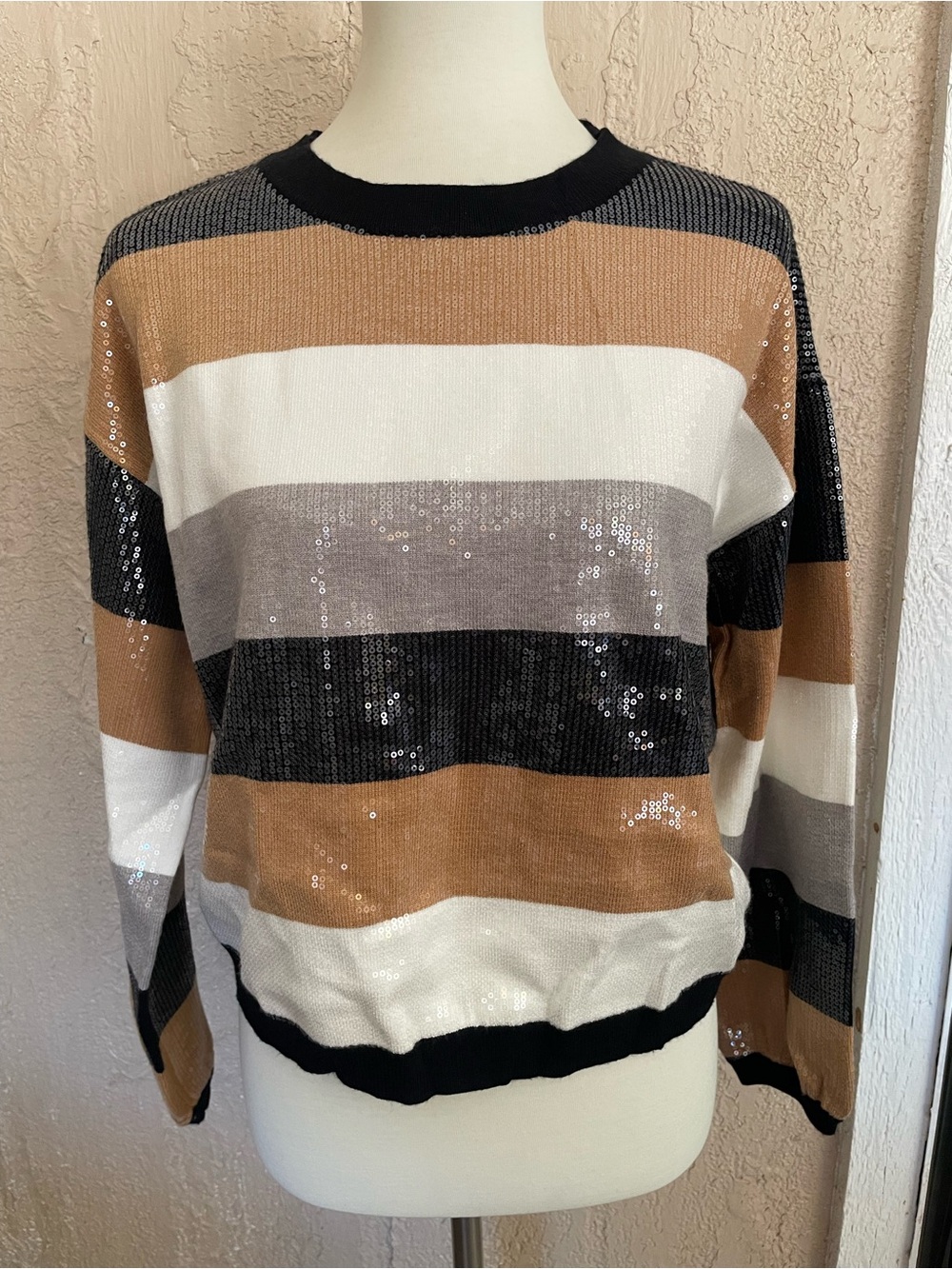 Jodifl Striped Sequin Accent Sweater - Black, White, Gray & Tan